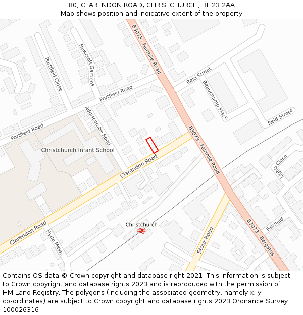 80, CLARENDON ROAD, CHRISTCHURCH, BH23 2AA: Location map and indicative extent of plot