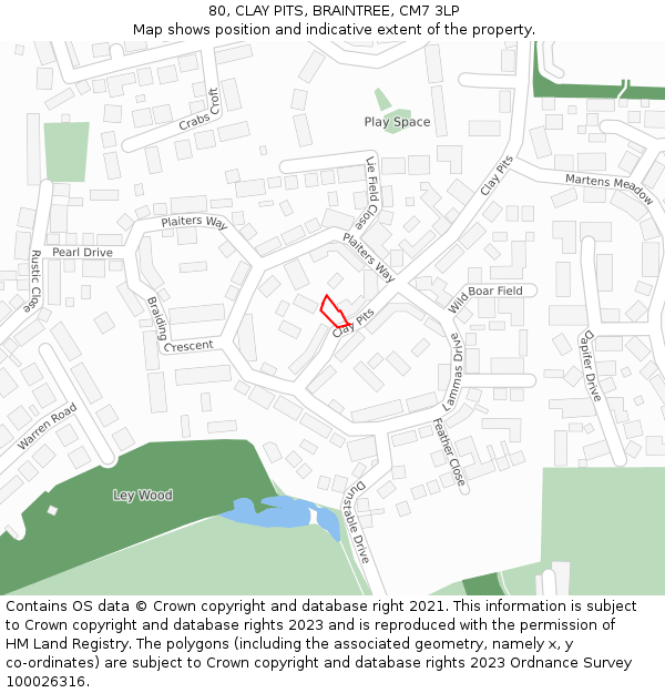 80, CLAY PITS, BRAINTREE, CM7 3LP: Location map and indicative extent of plot