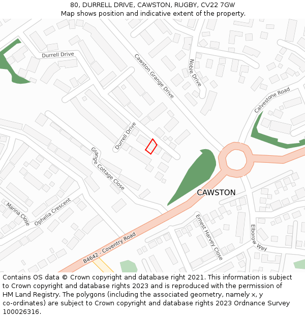 80, DURRELL DRIVE, CAWSTON, RUGBY, CV22 7GW: Location map and indicative extent of plot