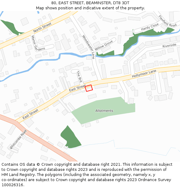 80, EAST STREET, BEAMINSTER, DT8 3DT: Location map and indicative extent of plot