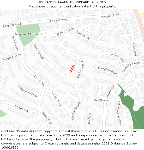 80, EASTERN AVENUE, LISKEARD, PL14 3TD: Location map and indicative extent of plot