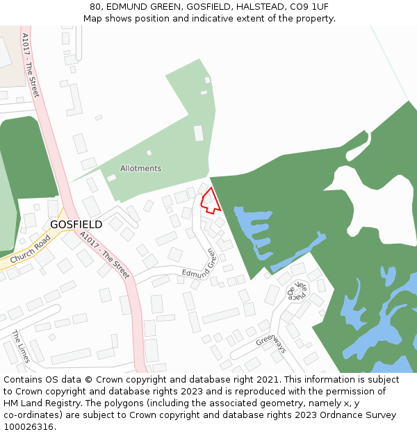 80, EDMUND GREEN, GOSFIELD, HALSTEAD, CO9 1UF: Location map and indicative extent of plot
