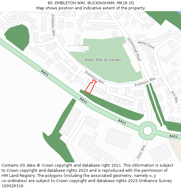 80, EMBLETON WAY, BUCKINGHAM, MK18 1FJ: Location map and indicative extent of plot