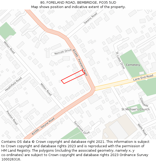 80, FORELAND ROAD, BEMBRIDGE, PO35 5UD: Location map and indicative extent of plot
