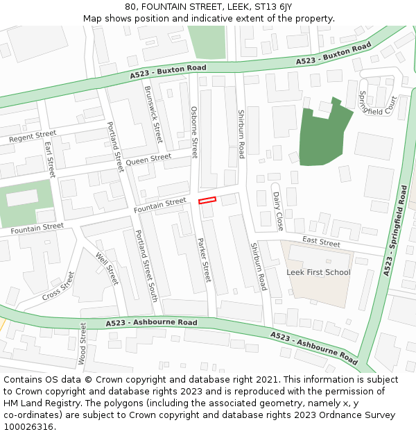 80, FOUNTAIN STREET, LEEK, ST13 6JY: Location map and indicative extent of plot