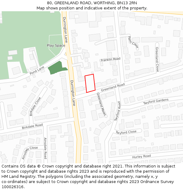 80, GREENLAND ROAD, WORTHING, BN13 2RN: Location map and indicative extent of plot
