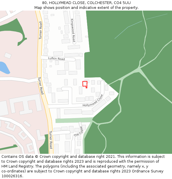 80, HOLLYMEAD CLOSE, COLCHESTER, CO4 5UU: Location map and indicative extent of plot