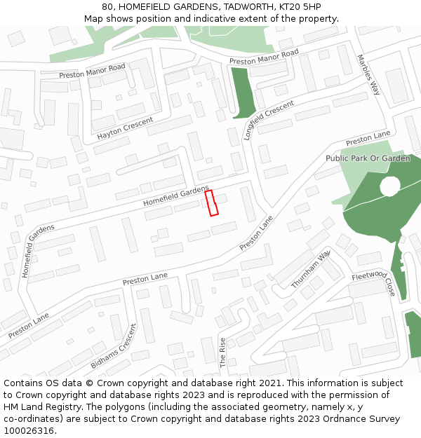 80, HOMEFIELD GARDENS, TADWORTH, KT20 5HP: Location map and indicative extent of plot