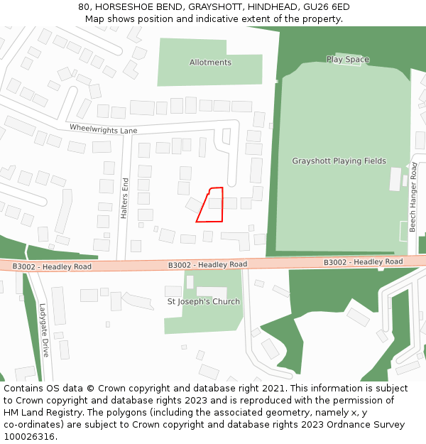 80, HORSESHOE BEND, GRAYSHOTT, HINDHEAD, GU26 6ED: Location map and indicative extent of plot