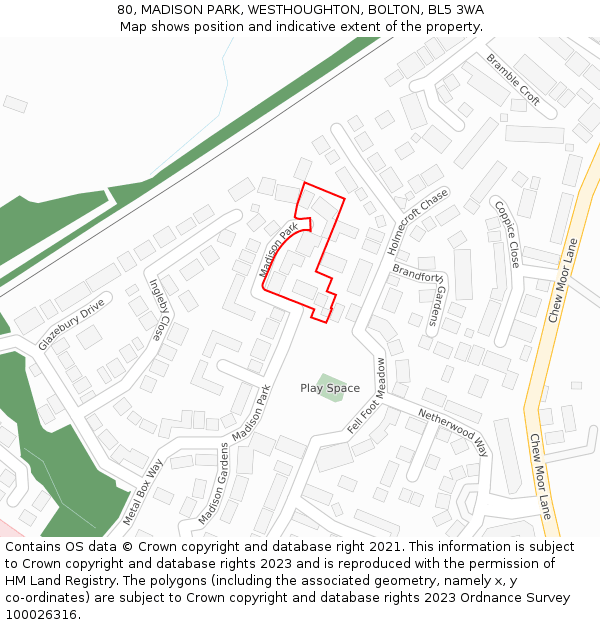 80, MADISON PARK, WESTHOUGHTON, BOLTON, BL5 3WA: Location map and indicative extent of plot