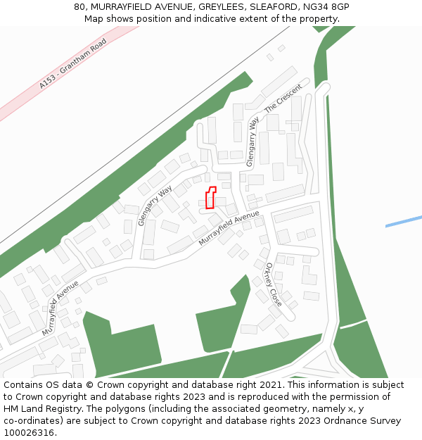 80, MURRAYFIELD AVENUE, GREYLEES, SLEAFORD, NG34 8GP: Location map and indicative extent of plot