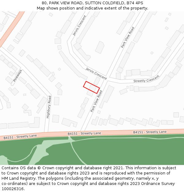 80, PARK VIEW ROAD, SUTTON COLDFIELD, B74 4PS: Location map and indicative extent of plot