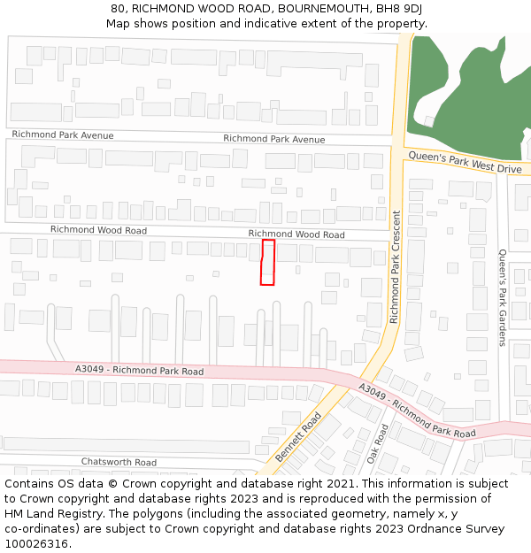 80, RICHMOND WOOD ROAD, BOURNEMOUTH, BH8 9DJ: Location map and indicative extent of plot