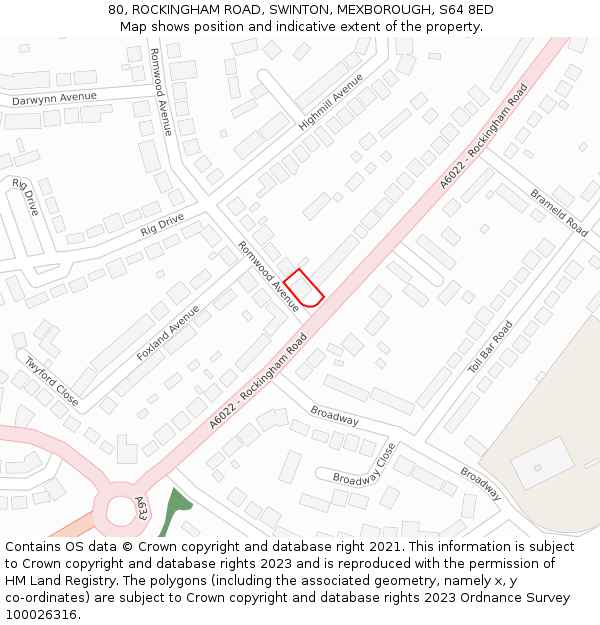 80, ROCKINGHAM ROAD, SWINTON, MEXBOROUGH, S64 8ED: Location map and indicative extent of plot