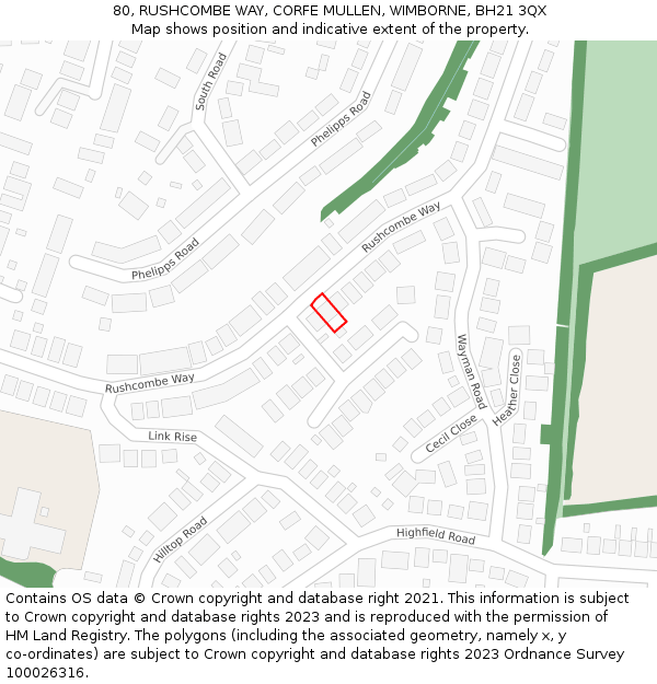 80, RUSHCOMBE WAY, CORFE MULLEN, WIMBORNE, BH21 3QX: Location map and indicative extent of plot