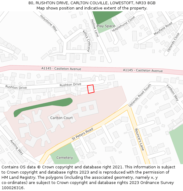 80, RUSHTON DRIVE, CARLTON COLVILLE, LOWESTOFT, NR33 8GB: Location map and indicative extent of plot