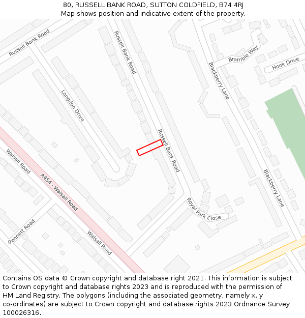 80, RUSSELL BANK ROAD, SUTTON COLDFIELD, B74 4RJ: Location map and indicative extent of plot