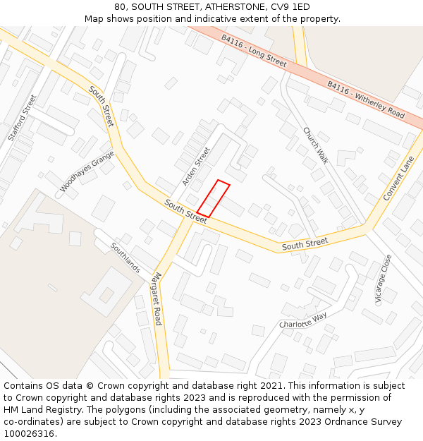 80, SOUTH STREET, ATHERSTONE, CV9 1ED: Location map and indicative extent of plot