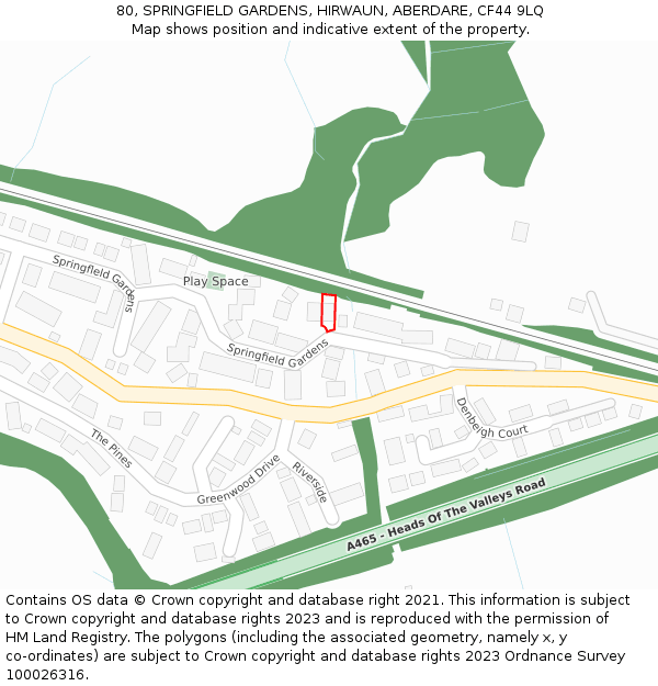 80, SPRINGFIELD GARDENS, HIRWAUN, ABERDARE, CF44 9LQ: Location map and indicative extent of plot