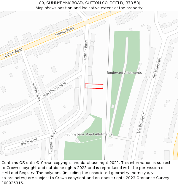 80, SUNNYBANK ROAD, SUTTON COLDFIELD, B73 5RJ: Location map and indicative extent of plot