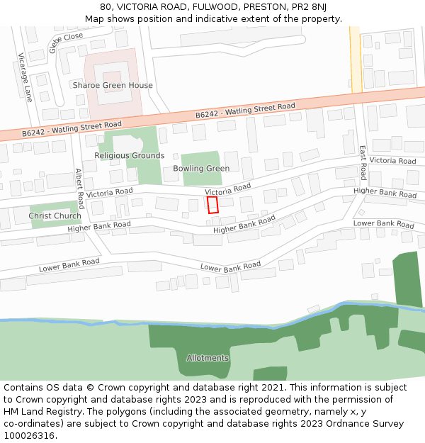 80, VICTORIA ROAD, FULWOOD, PRESTON, PR2 8NJ: Location map and indicative extent of plot