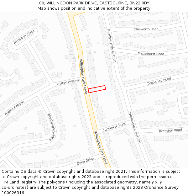 80, WILLINGDON PARK DRIVE, EASTBOURNE, BN22 0BY: Location map and indicative extent of plot
