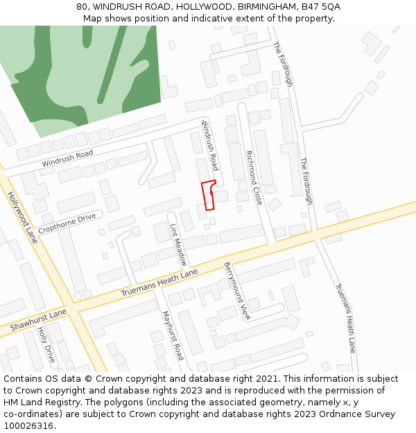 80, WINDRUSH ROAD, HOLLYWOOD, BIRMINGHAM, B47 5QA: Location map and indicative extent of plot