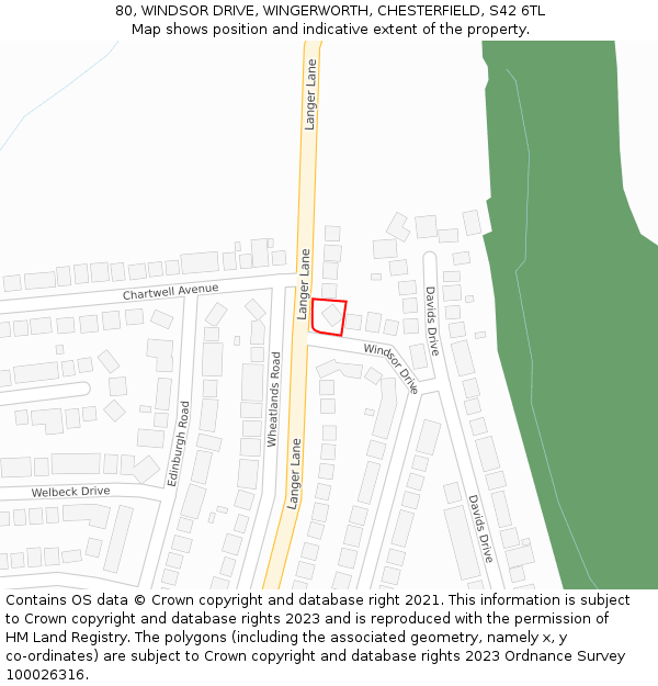 80, WINDSOR DRIVE, WINGERWORTH, CHESTERFIELD, S42 6TL: Location map and indicative extent of plot