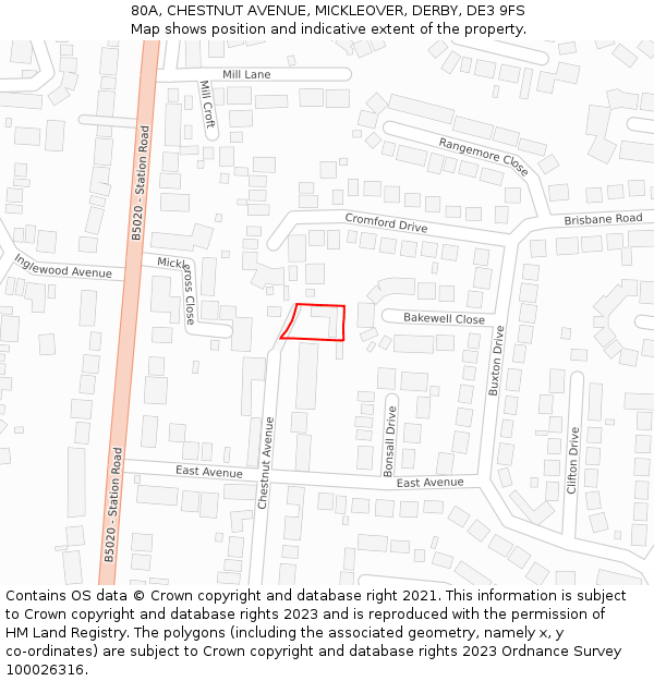 80A, CHESTNUT AVENUE, MICKLEOVER, DERBY, DE3 9FS: Location map and indicative extent of plot