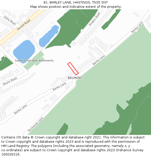 81, BARLEY LANE, HASTINGS, TN35 5NT: Location map and indicative extent of plot