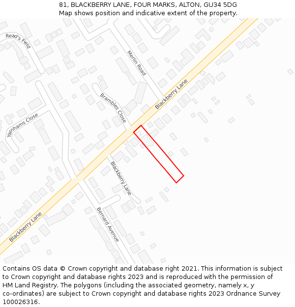 81, BLACKBERRY LANE, FOUR MARKS, ALTON, GU34 5DG: Location map and indicative extent of plot