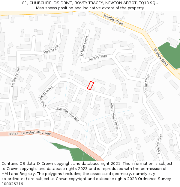 81, CHURCHFIELDS DRIVE, BOVEY TRACEY, NEWTON ABBOT, TQ13 9QU: Location map and indicative extent of plot