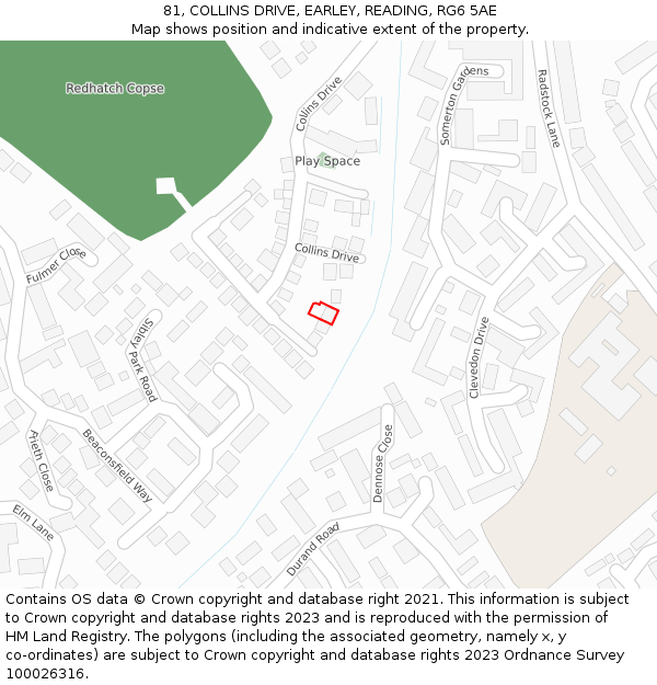 81, COLLINS DRIVE, EARLEY, READING, RG6 5AE: Location map and indicative extent of plot