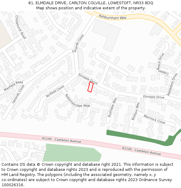 81, ELMDALE DRIVE, CARLTON COLVILLE, LOWESTOFT, NR33 8DQ: Location map and indicative extent of plot