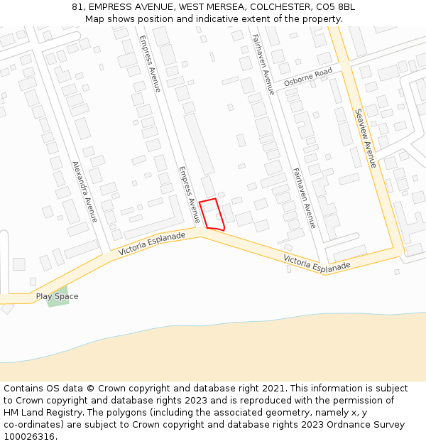 81, EMPRESS AVENUE, WEST MERSEA, COLCHESTER, CO5 8BL: Location map and indicative extent of plot