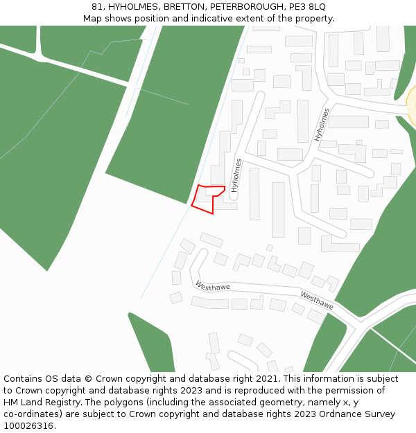 81, HYHOLMES, BRETTON, PETERBOROUGH, PE3 8LQ: Location map and indicative extent of plot