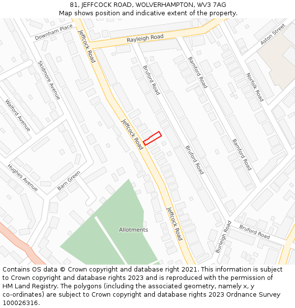 81, JEFFCOCK ROAD, WOLVERHAMPTON, WV3 7AG: Location map and indicative extent of plot