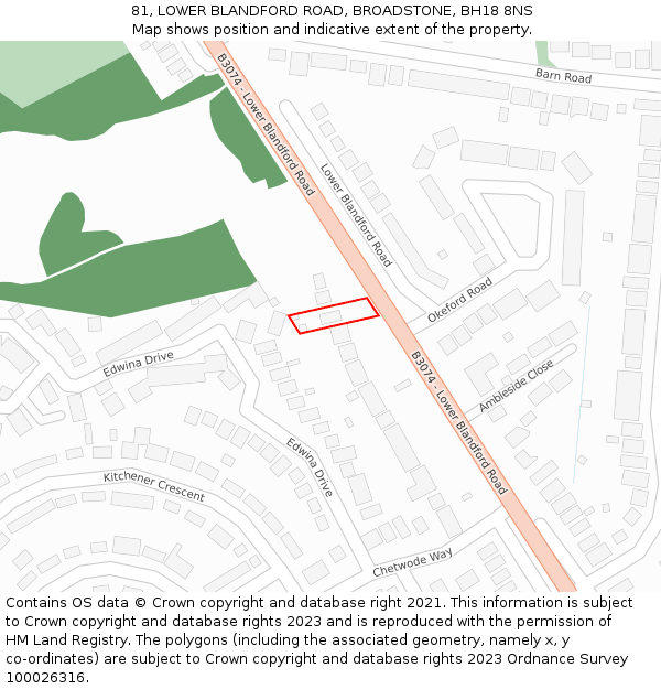 81, LOWER BLANDFORD ROAD, BROADSTONE, BH18 8NS: Location map and indicative extent of plot