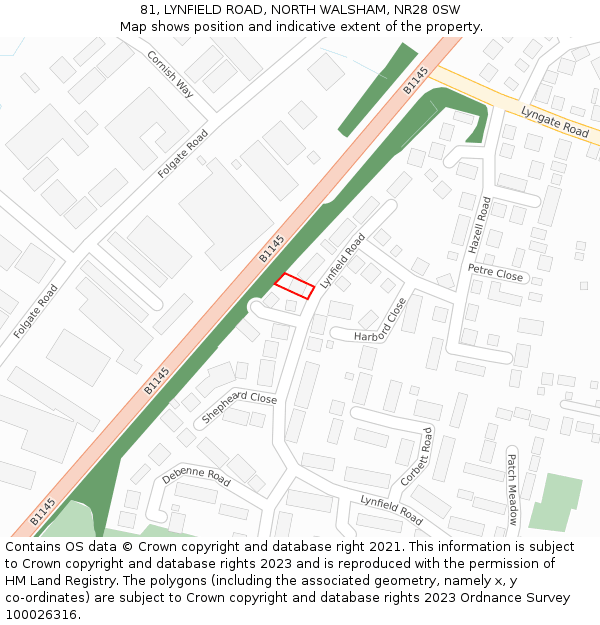 81, LYNFIELD ROAD, NORTH WALSHAM, NR28 0SW: Location map and indicative extent of plot