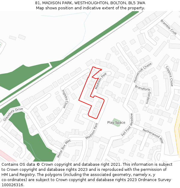 81, MADISON PARK, WESTHOUGHTON, BOLTON, BL5 3WA: Location map and indicative extent of plot