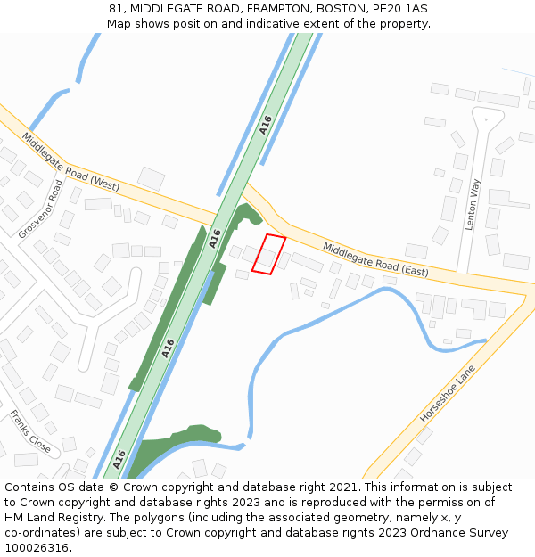 81, MIDDLEGATE ROAD, FRAMPTON, BOSTON, PE20 1AS: Location map and indicative extent of plot