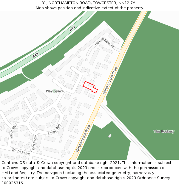 81, NORTHAMPTON ROAD, TOWCESTER, NN12 7AH: Location map and indicative extent of plot