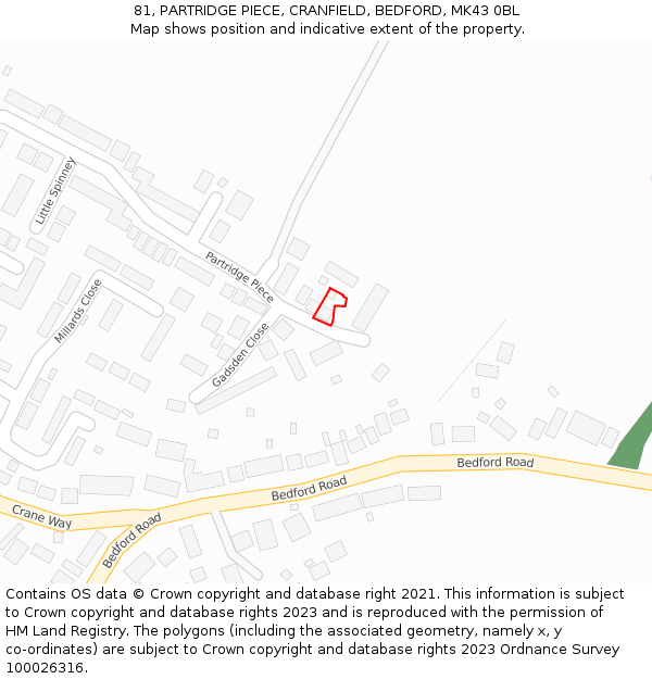 81, PARTRIDGE PIECE, CRANFIELD, BEDFORD, MK43 0BL: Location map and indicative extent of plot