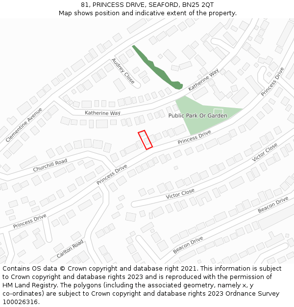 81, PRINCESS DRIVE, SEAFORD, BN25 2QT: Location map and indicative extent of plot