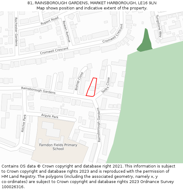 81, RAINSBOROUGH GARDENS, MARKET HARBOROUGH, LE16 9LN: Location map and indicative extent of plot