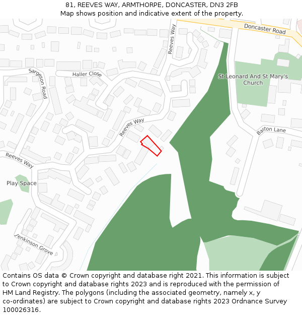 81, REEVES WAY, ARMTHORPE, DONCASTER, DN3 2FB: Location map and indicative extent of plot
