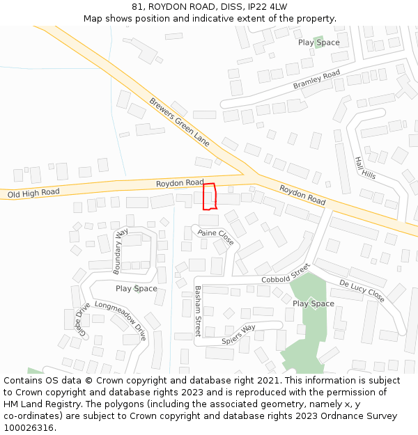 81, ROYDON ROAD, DISS, IP22 4LW: Location map and indicative extent of plot