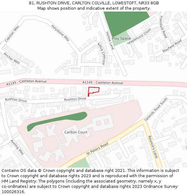 81, RUSHTON DRIVE, CARLTON COLVILLE, LOWESTOFT, NR33 8GB: Location map and indicative extent of plot