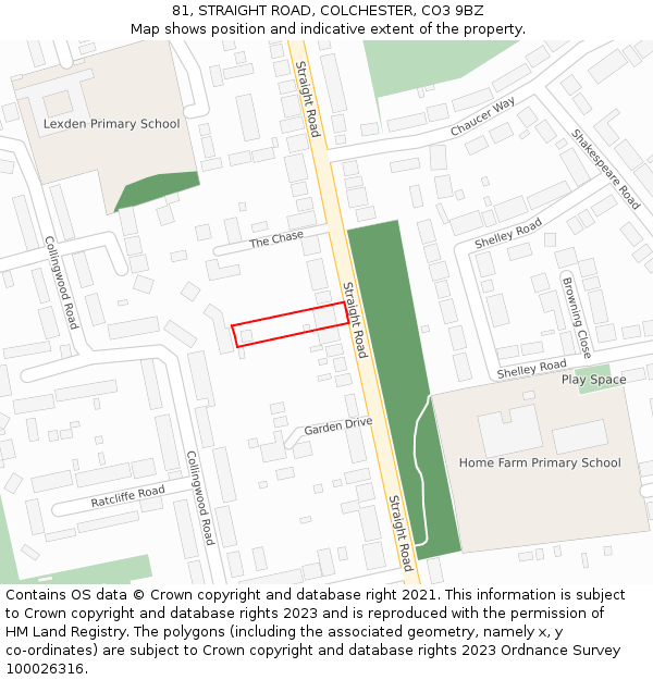 81, STRAIGHT ROAD, COLCHESTER, CO3 9BZ: Location map and indicative extent of plot