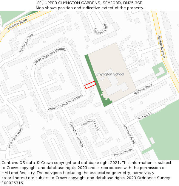 81, UPPER CHYNGTON GARDENS, SEAFORD, BN25 3SB: Location map and indicative extent of plot
